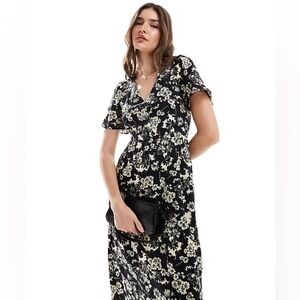 & Other Stories Black and Cream Floral Midi Dress